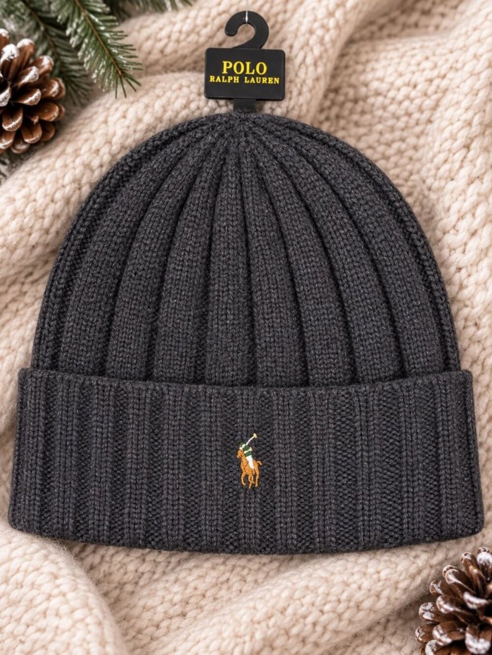 Polo Ralph Lauren Ribbed Knit Beanie Hat NAVY BLUE w Pony Logo Winter Cap NWT